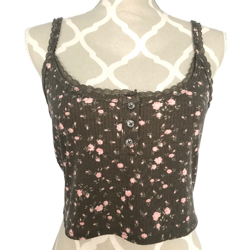 💕 Aero Cropped Tank Top Lace Trim & Button Detail Size Large New With Tag